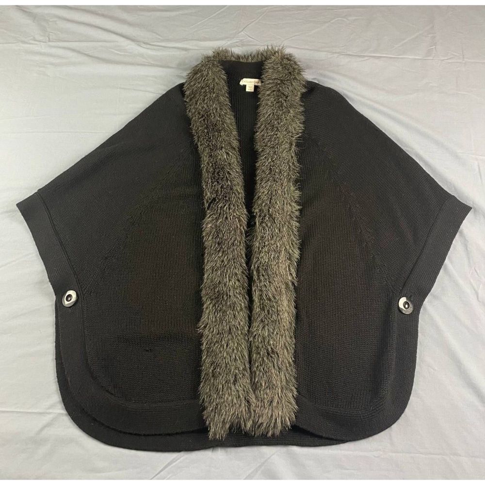 Coldwater Creek Acrylic Wool Faux Fur Trim Cape Poncho Sweater Black Size XL/1X - Picture 1 of 8